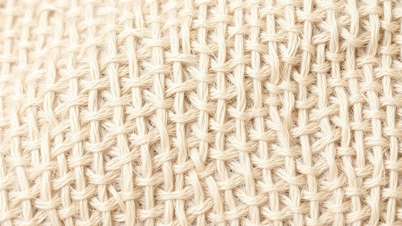 Närbild av vävd linneväv i varma cream- och sagegröna toner